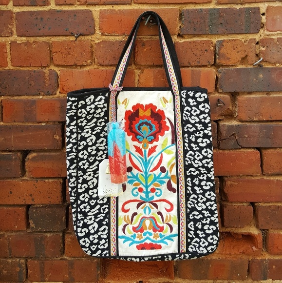 2 Chic Handbags - Embroidered Floral Leopard Tote w/ tassels